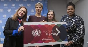General Assembly President María Fernanda Espinosa Garcés (left) with (from left to right): President Kersti Kaljulaid of Estonia; Prime Minister Katrín Jakobsdóttir of Iceland; and President Paula-Mae Weekes of Trinidad and Tobago, following their press briefing on the high-Level event on ‘Women in Power’.